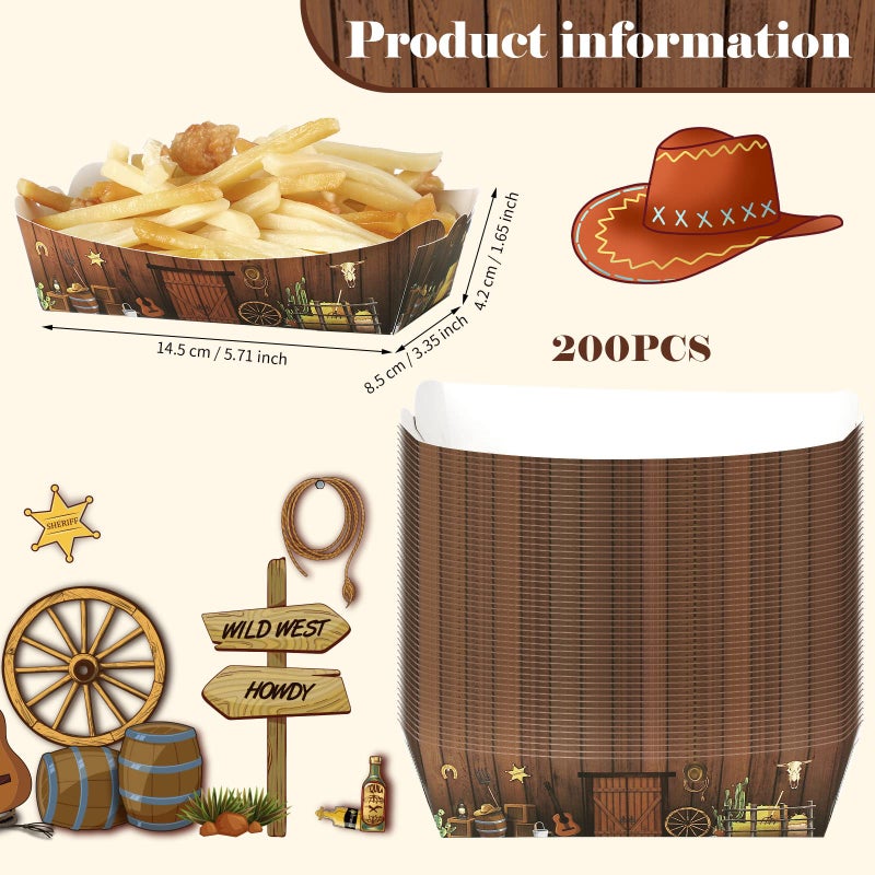 Hoolerry 200 Pieces Western Party Decorations 1LB Cowboy Paper Food Trays Saloon Western Scene Wild West Food Boats Disposable Serving for Cowboy Birthday Picnics Parties Theme Decoration Supplies  - Image 2