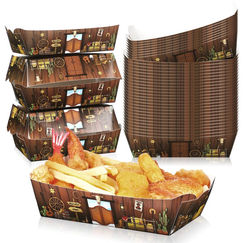 Hoolerry 200 Pieces Western Party Decorations 1LB Cowboy Paper Food Trays Saloon Western Scene Wild West Food Boats Disposable Serving for Cowboy Birthday Picnics Parties Theme Decoration Supplies  - Image 1