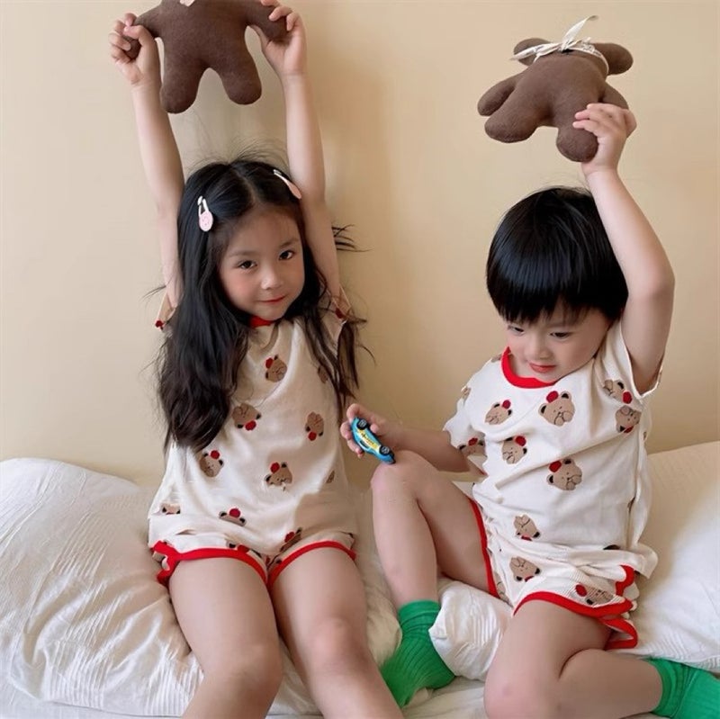 Cartoon Fabric Babys suit Wide Pine Summer Short-sleeved Shorts Childrens Pajamas Boys and Girls Ice Two Home Clothes Empty New Product 610# red collar 