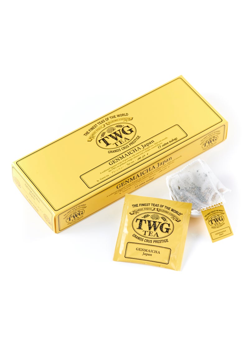 تي دبليو جاي تي شاي الجنمايتشا | شاي أخضر | بالأرز المحمص والمنفوش | 15 كيس شاي قطنية مخيطة يدويًا | مجموعة هدايا - Image 1