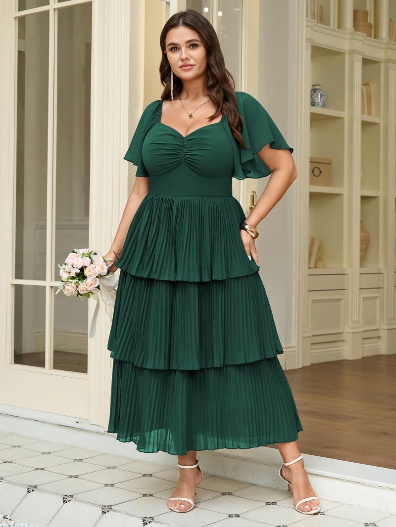 SCOMCHIC Women's Plus Size Formal Wedding Guest Evening Party Dress Short Sleeve Pleated Tiered Chiffon Bridesmaid Dresses Emerald Green - Image 3