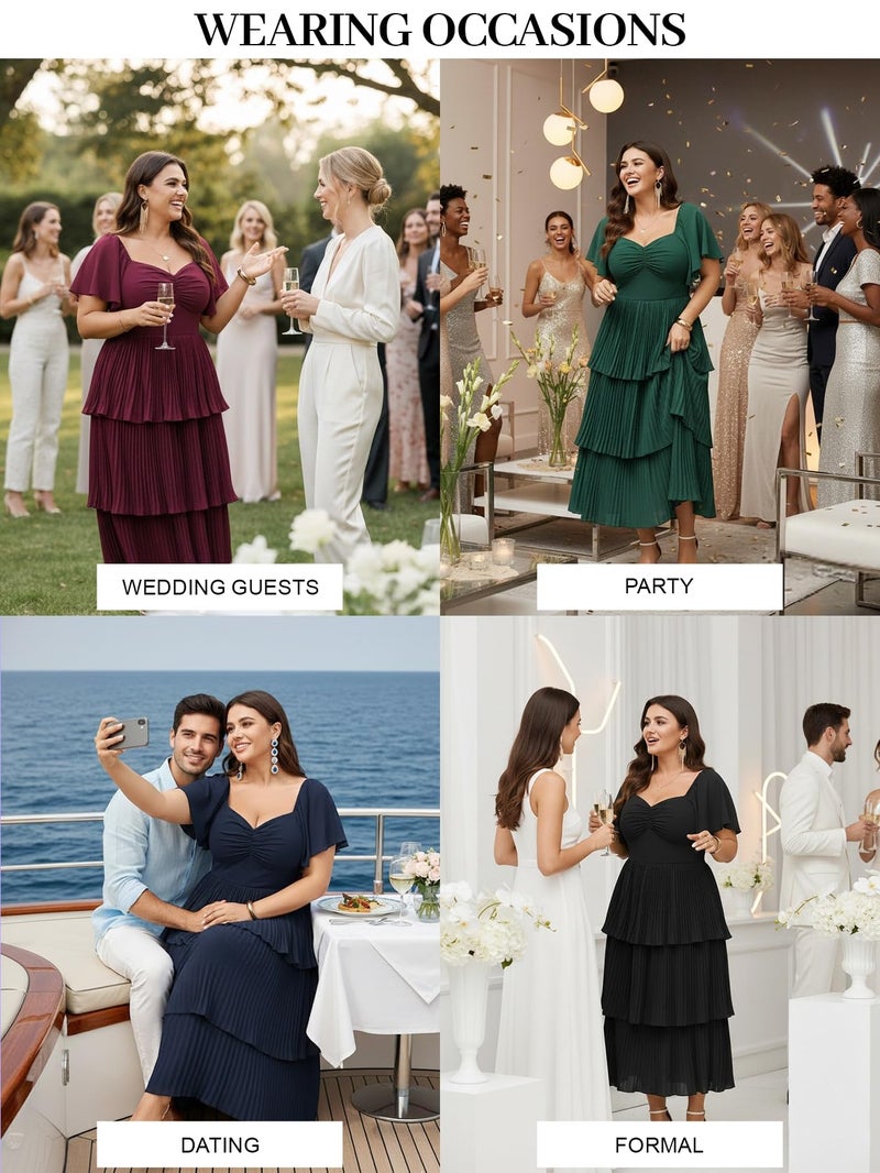 SCOMCHIC Women's Plus Size Formal Wedding Guest Evening Party Dress Short Sleeve Pleated Tiered Chiffon Bridesmaid Dresses Emerald Green - Image 5