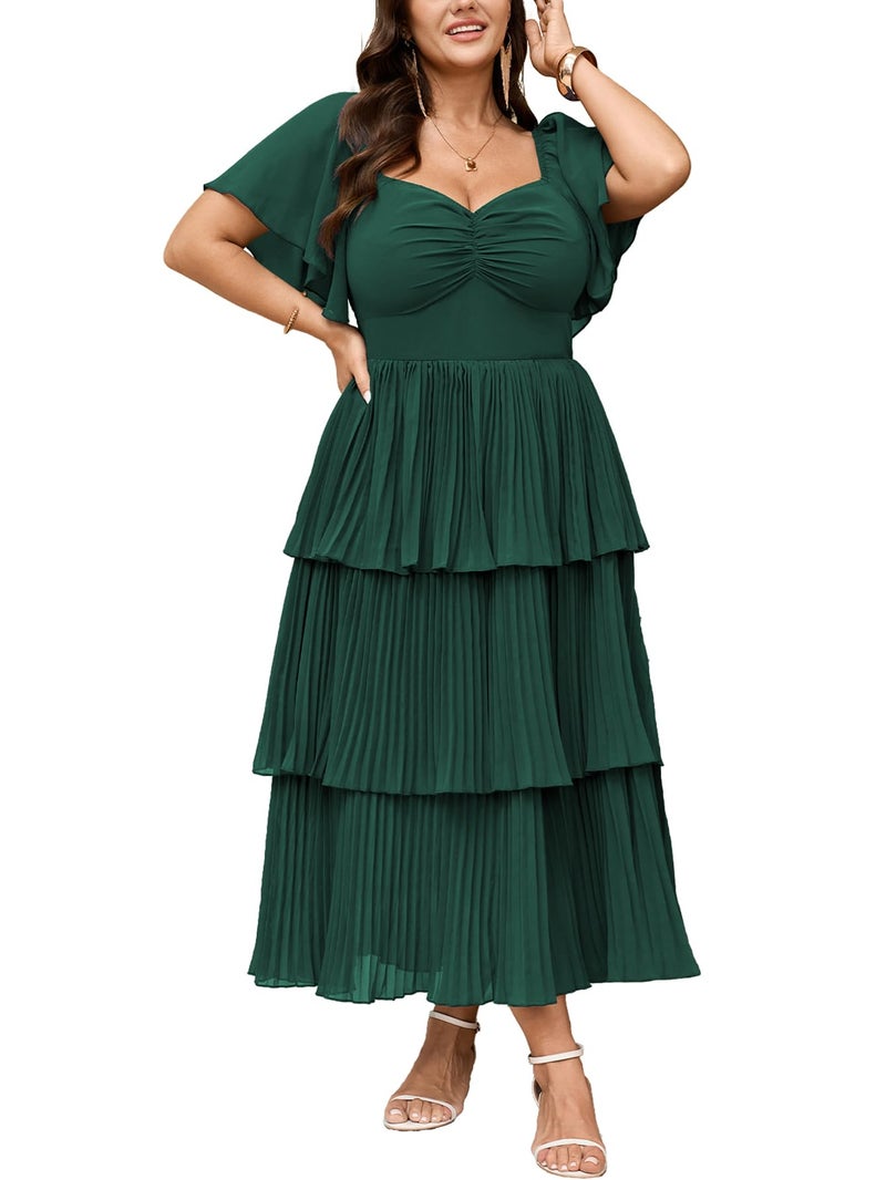 SCOMCHIC Women's Plus Size Formal Wedding Guest Evening Party Dress Short Sleeve Pleated Tiered Chiffon Bridesmaid Dresses Emerald Green - Image 1