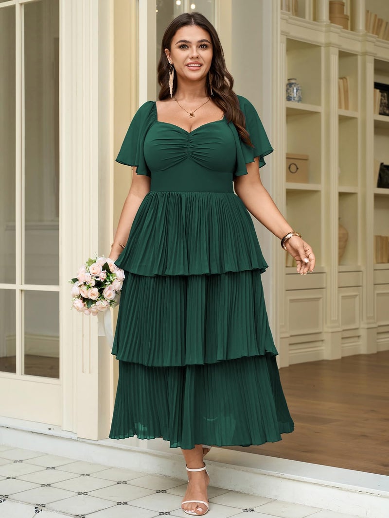 SCOMCHIC Women's Plus Size Formal Wedding Guest Evening Party Dress Short Sleeve Pleated Tiered Chiffon Bridesmaid Dresses Emerald Green - Image 2