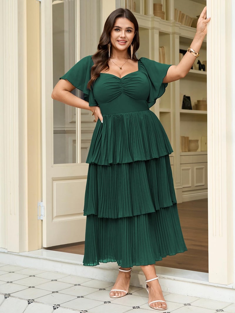 SCOMCHIC Women's Plus Size Formal Wedding Guest Evening Party Dress Short Sleeve Pleated Tiered Chiffon Bridesmaid Dresses Emerald Green - Image 4