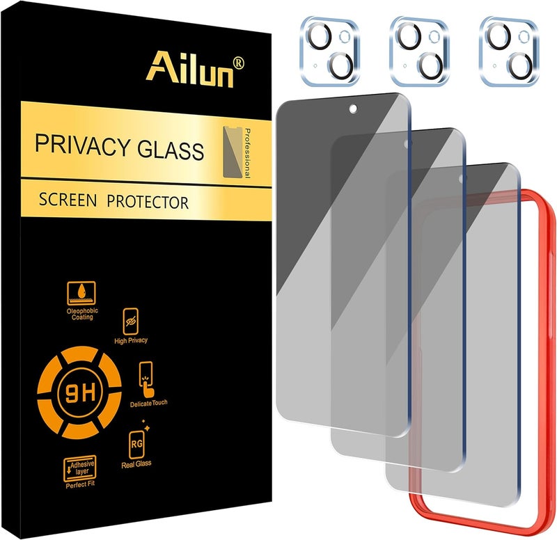 Ailun 3 Pack Privacy Screen Protector for iPhone 15 [6.1 inch] + 3 Pack Camera Lens Protector with Installation Frame, Anti Spy Private Tempered Glass Film, Case Friendly, [9H Hardness] - HD - Image 1