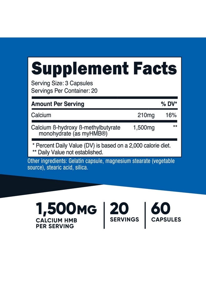 كبسولات Nutricost myHMB بتركيز 1500 ملجم من كالسيوم HMB لكل وجبة، 60 كبسولة، 20 وجبة - Performance Line، كالسيوم B-هيدروكسي B-ميثيل بيوتيرات مونوهيدرات - Image 2