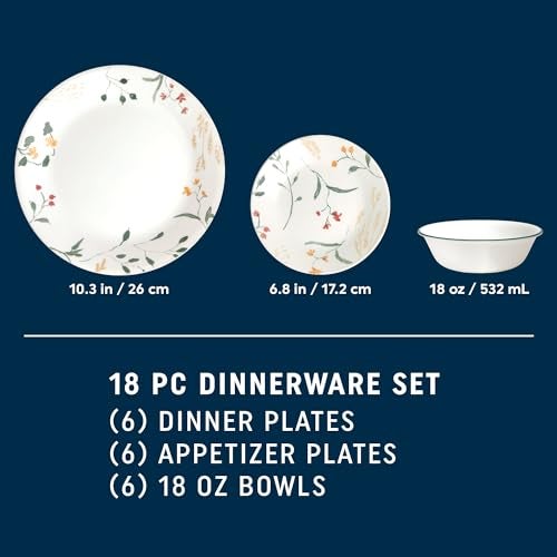 Corelle Vitrelle 18 Piece Glass Dinnerware Sets Service for 6, Triple Layer Chip & Crack Resistant Glass Plate and Bowl Sets, Wildflower - Image 2