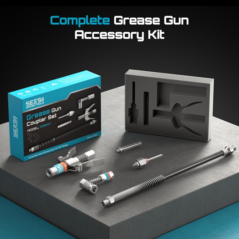 Seesii Grease Gun Accessory Kit, Includes Quick-Release Coupler, 90 Degree Grease Gun Coupler Adapter, 12 Inch Flexible Hose, 2 Grease Needle Tips for Easy Greasing Narrow, Tight & Deep Spaces, GR04P - Image 2