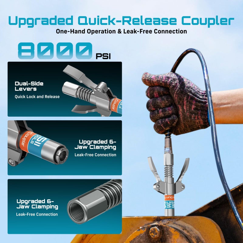 Seesii Grease Gun Accessory Kit, Includes Quick-Release Coupler, 90 Degree Grease Gun Coupler Adapter, 12 Inch Flexible Hose, 2 Grease Needle Tips for Easy Greasing Narrow, Tight & Deep Spaces, GR04P - Image 3