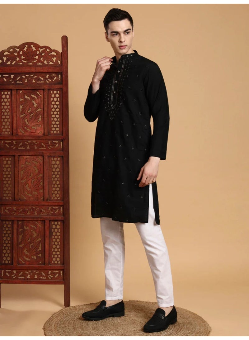 Devoiler Mens Black Thread & Mirror Work Modal Silk Kurta Set - Image 1