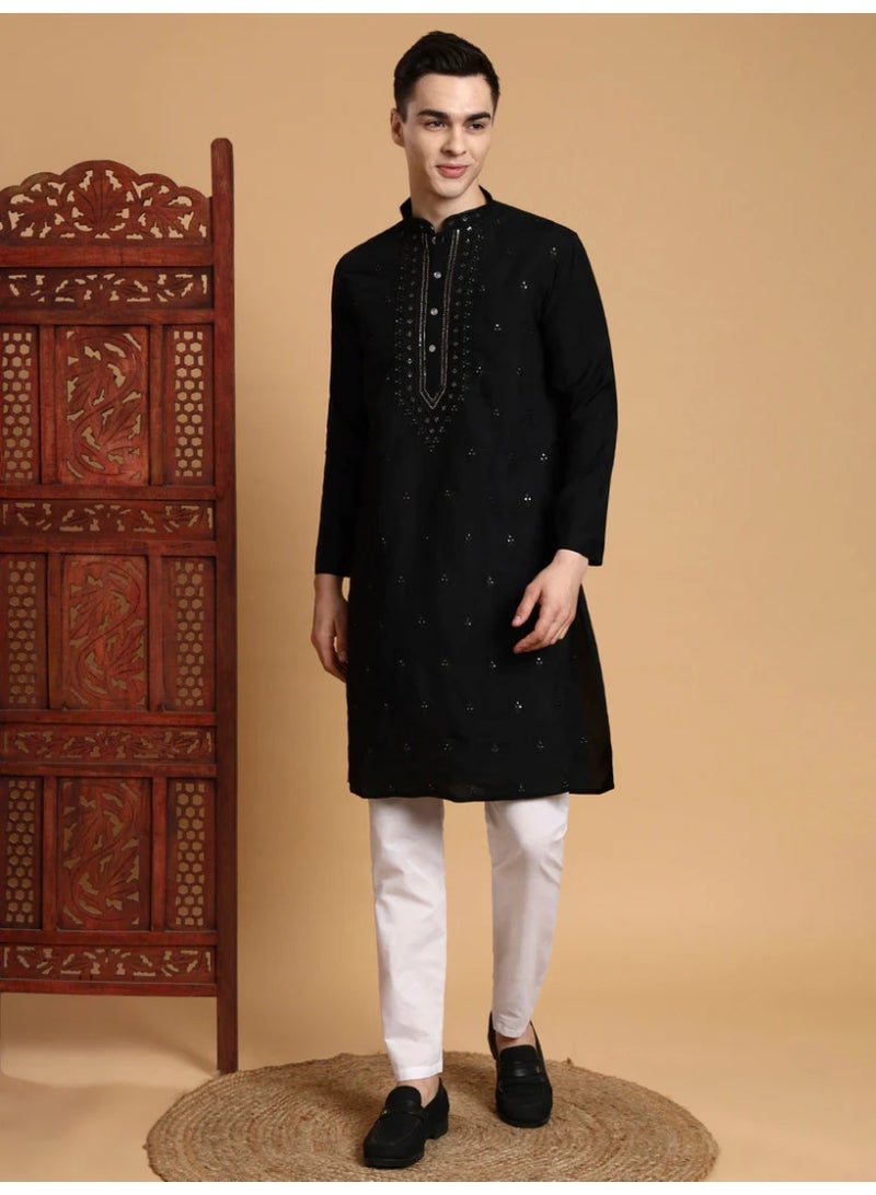 Devoiler Mens Black Thread & Mirror Work Modal Silk Kurta Set - Image 2
