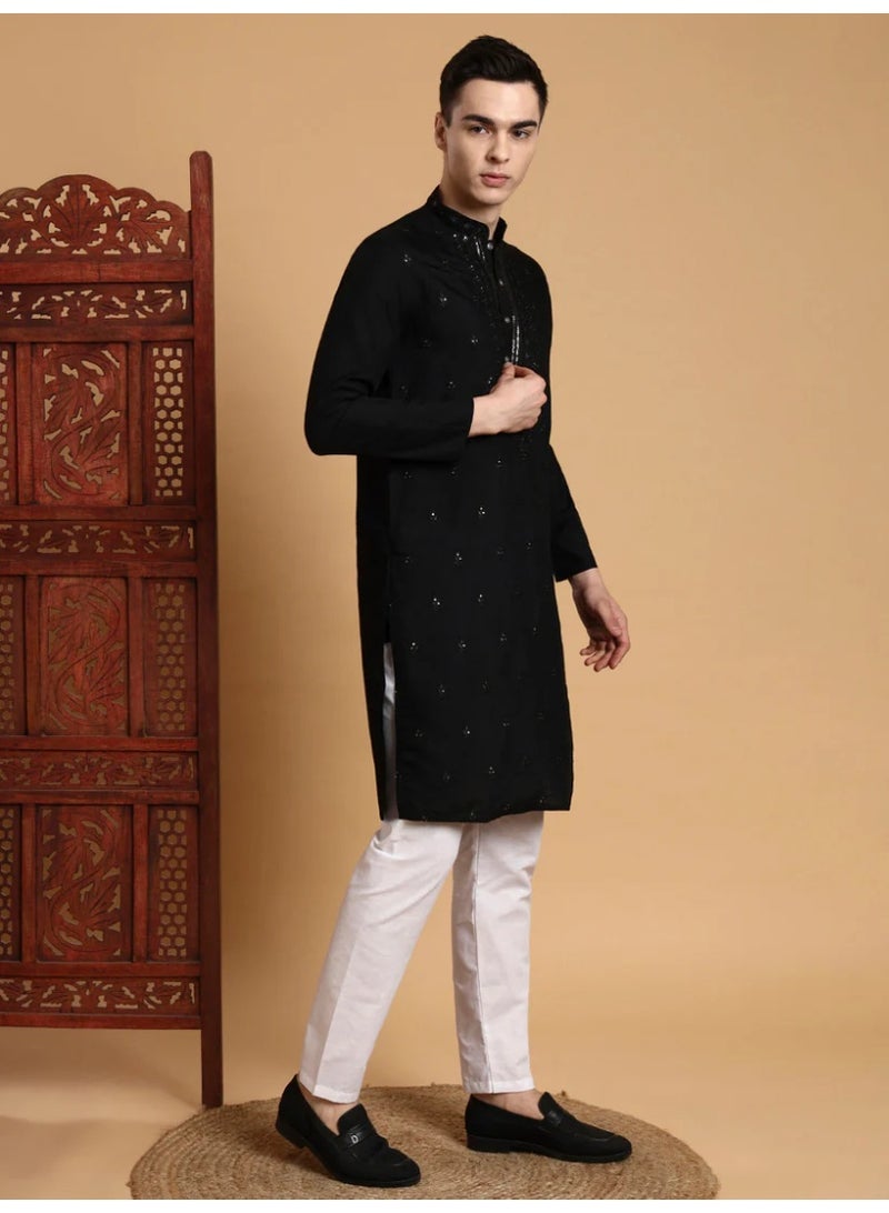 Devoiler Mens Black Thread & Mirror Work Modal Silk Kurta Set - Image 3