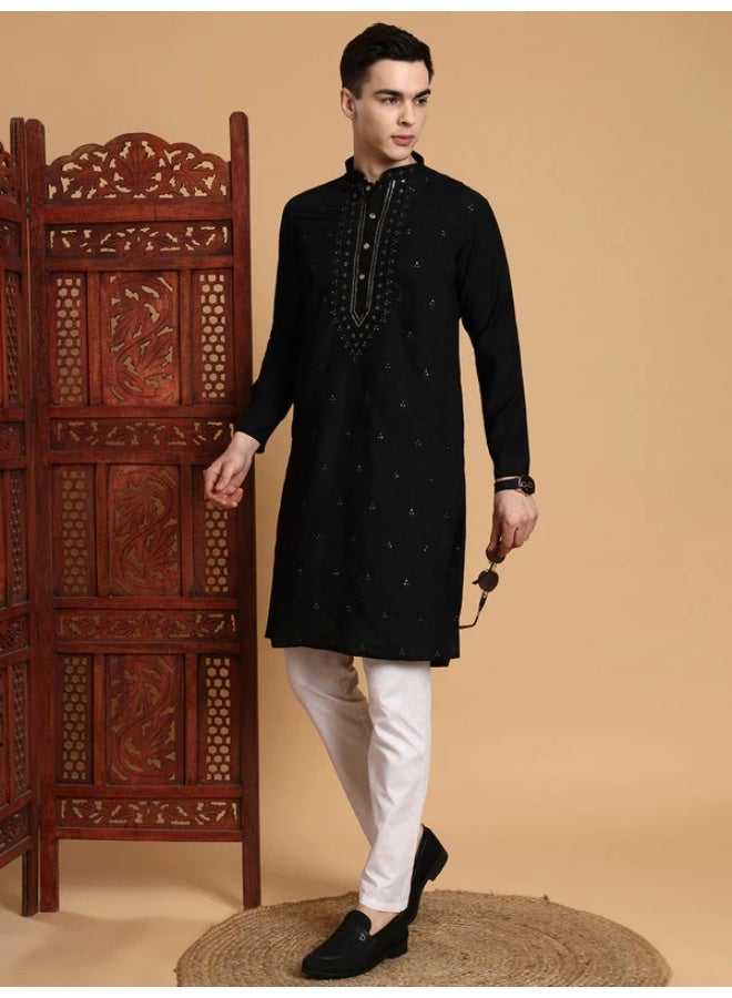 Devoiler Mens Black Thread & Mirror Work Modal Silk Kurta Set - Image 5