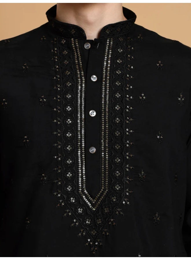 Devoiler Mens Black Thread & Mirror Work Modal Silk Kurta Set - Image 4