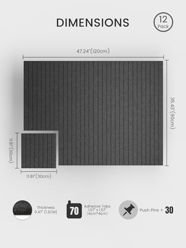 Bumusty Large Cork Board Alternative-48 x 36" Felt Bulletin Board Tiles, with 30 Pushpins, 70 Adhesive Tabs, 12-Pack Slat Wall Paneling, Cork Boards for Office Push Pin Board Felt Board-Charcoal Gray - Image 2