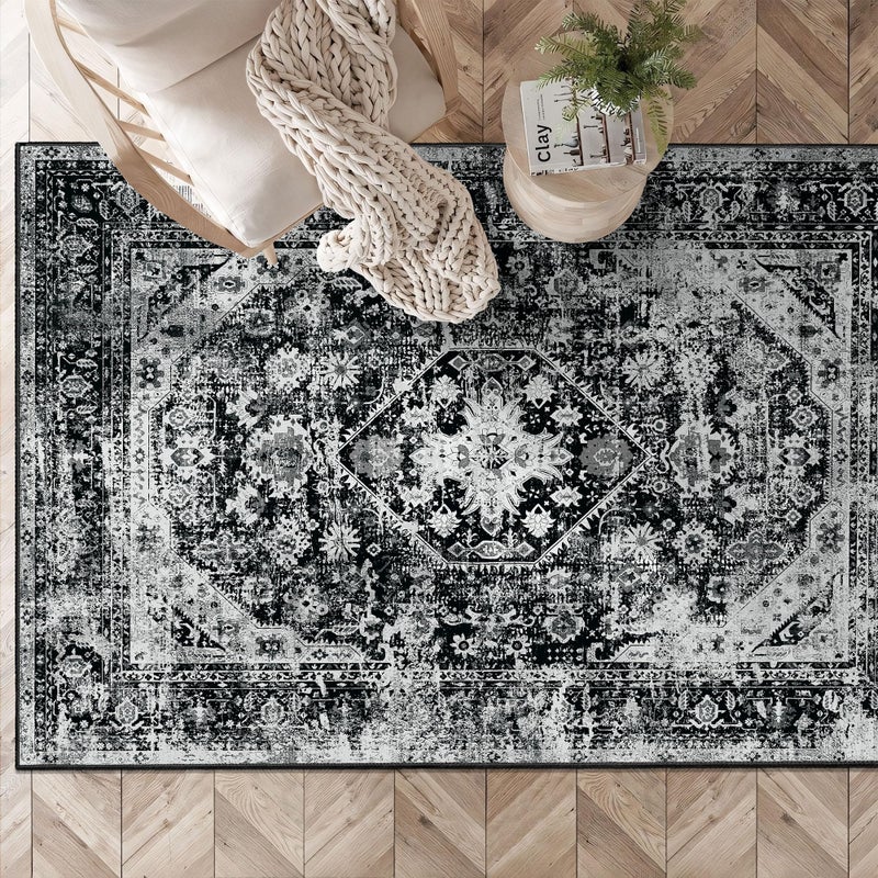 MUJOO Washable Rug 3x5 Area Rugs for Entryway Entry Bedroom Living Room Black Small Non Slip Carpet Throw Rugs Machine Washable Soft Floral Indoor - Image 1