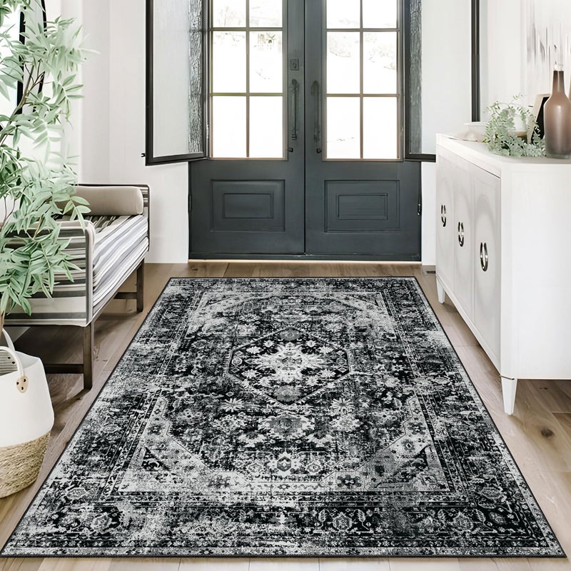MUJOO Washable Rug 3x5 Area Rugs for Entryway Entry Bedroom Living Room Black Small Non Slip Carpet Throw Rugs Machine Washable Soft Floral Indoor - Image 2