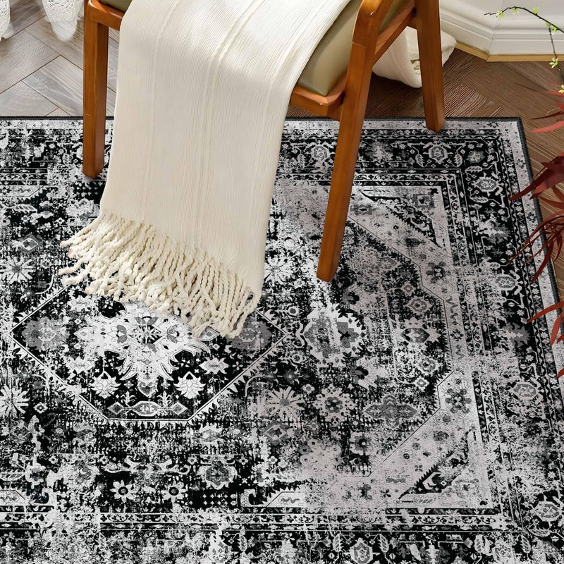 MUJOO Washable Rug 3x5 Area Rugs for Entryway Entry Bedroom Living Room Black Small Non Slip Carpet Throw Rugs Machine Washable Soft Floral Indoor - Image 3