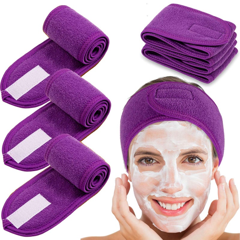 Spa Facial Headband Whaline 4 Packs Head Wrap Terry Cloth Headband Adjustable Stretch Towel for Bath Makeup and Sport Purple