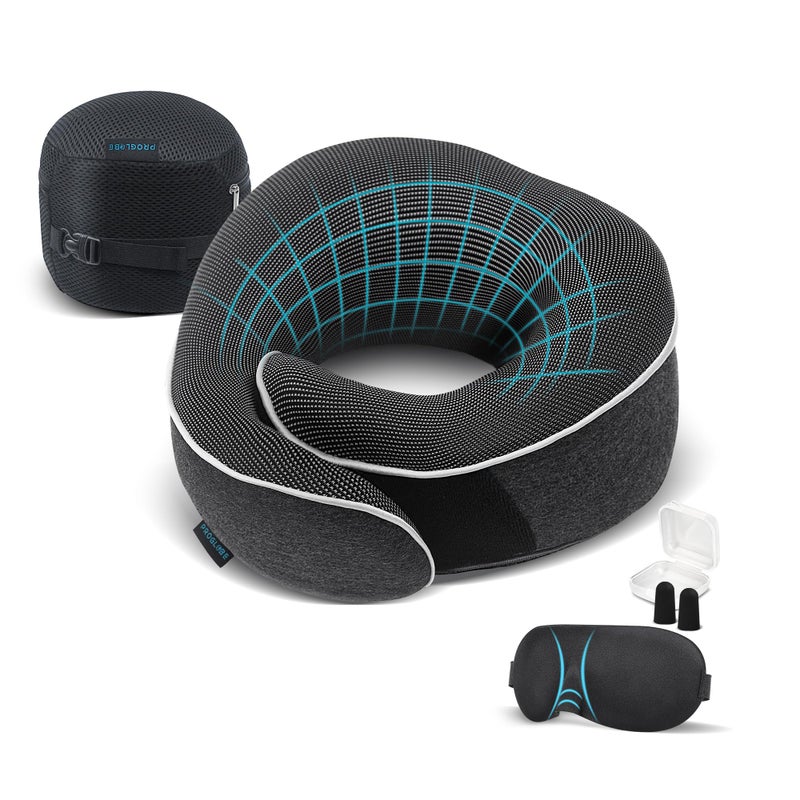 Proglobe Travel Neck Pillow 100 Memory Foam  Airplane  Car Travel Essentials Kit with 3D Eye Mask Earplugs  Mesh Bag  Sleeping Support Pillow for Adults Dark Grey