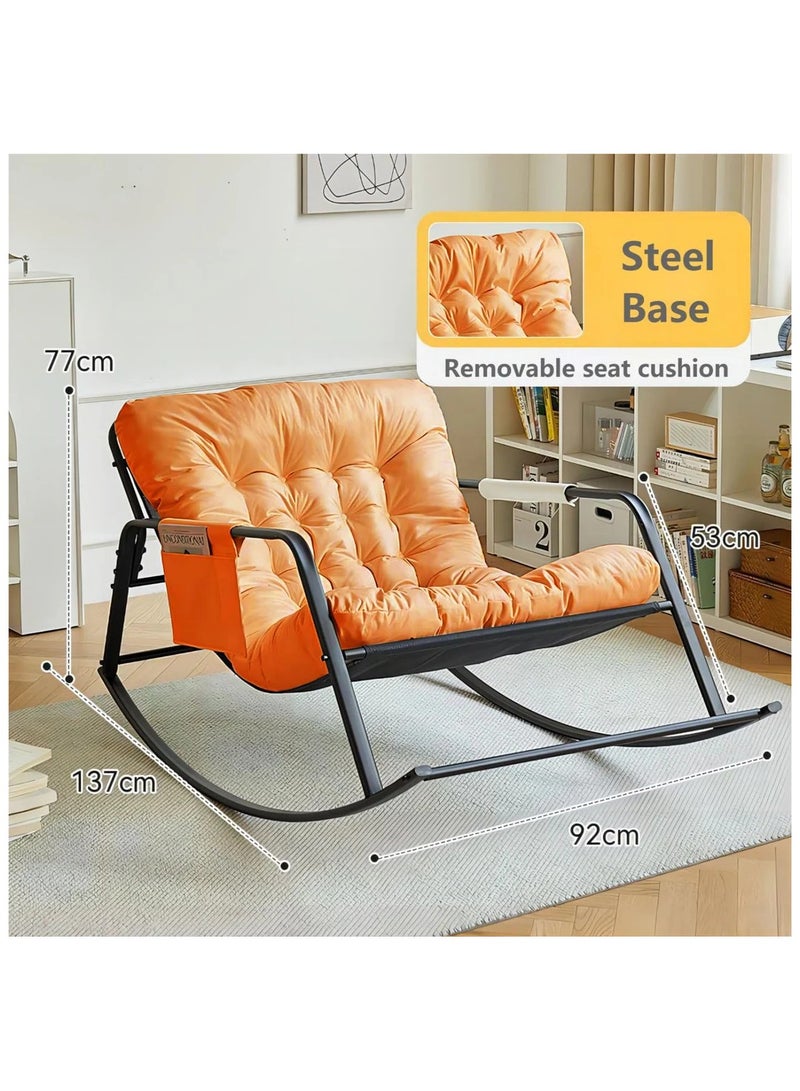 Old_Feller Double Living Room Recliner Outdoor Rocking Chair with Armrests Storage Bag, Modern Rocker Recliner Chair with Padded Cushion, Lounge Chair for Balcony, Lazy Sofa Chair for Lounge Living Room Bedroom Patio Garden (Orange) - Image 4