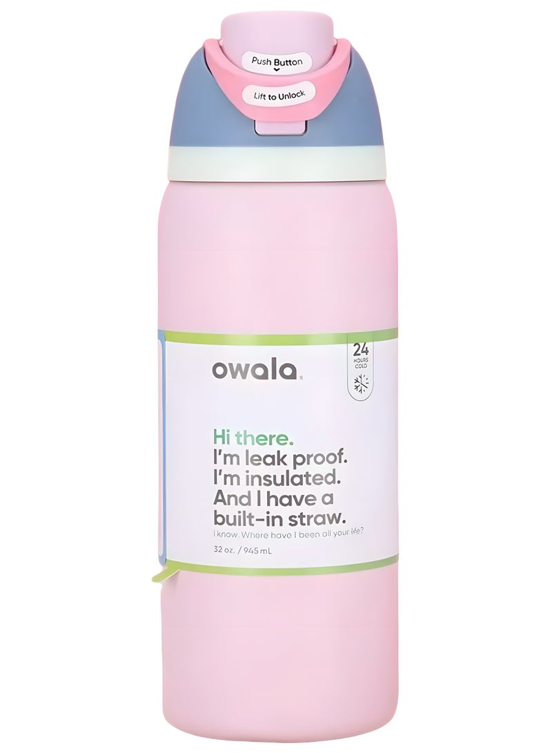 Owala Owala FreeSip Insulated Stainless Steel Water Bottle with Straw, Leak Proof, BPA-Free, 946ml, Iced Breeze, 1-Pack, (Macaron Strawberry)  - Image 1