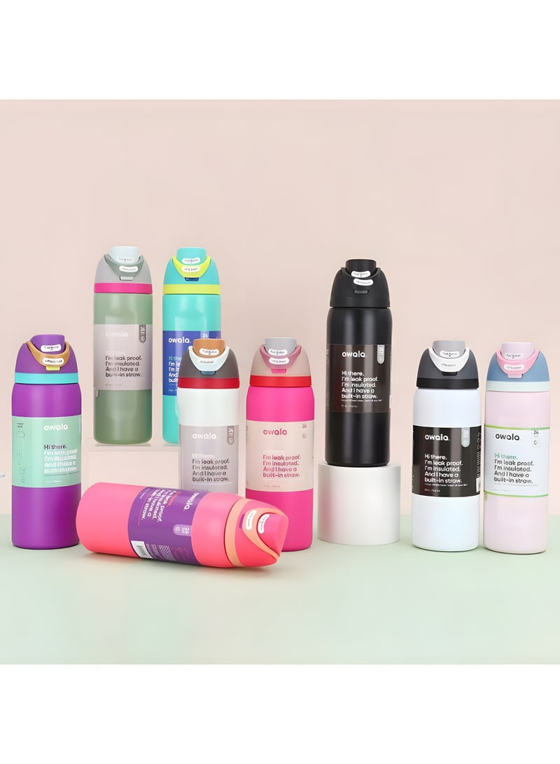 زجاجة ماء أووالا فري سيب معزولة من الفولاذ المقاوم للصدأ مع مصاصة، مقاومة للتسرب وخالية من مادة BPA، سعة 32 أونصة، لون النسيم المثلج، قطعة واحدة (ماكرون بالفراولة)