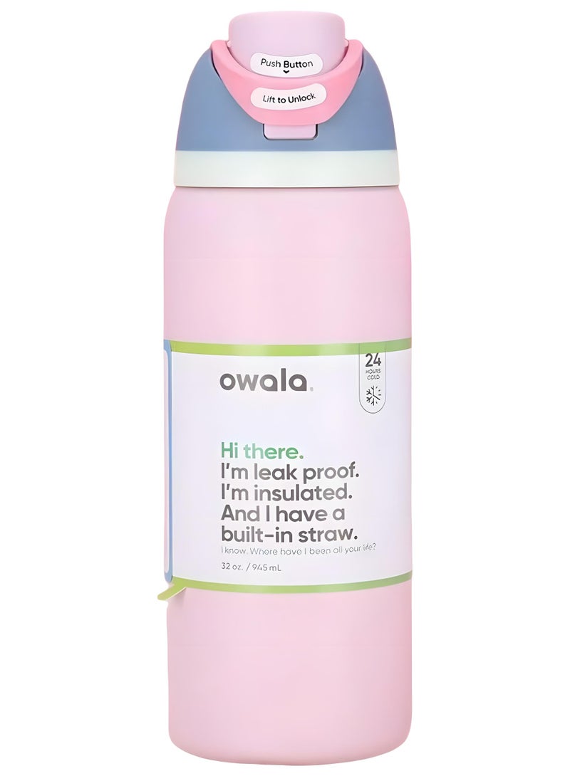Owala FreeSip Insulated Stainless Steel Water Bottle with Straw, Leak Proof, BPA-Free, 32oz Iced Breeze, 1-Pack, (Macaron Strawberry) - Image 1