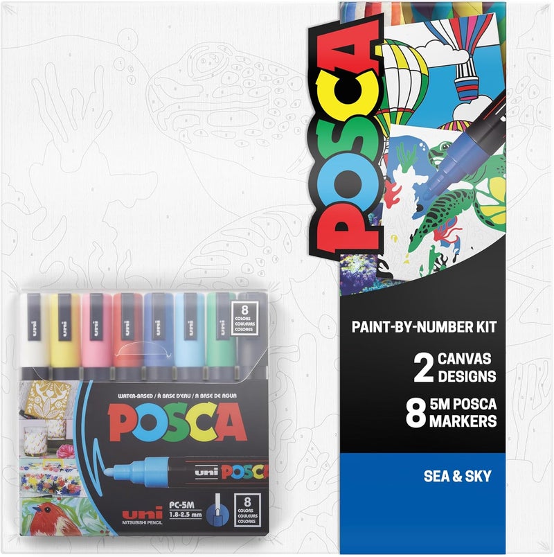 POSCA Canvas Paint by Number Kit, Sea & Sky - 8 Markers with 2 Pre-Drawn Canvases - For All Artists and Holiday Gifting - Image 1