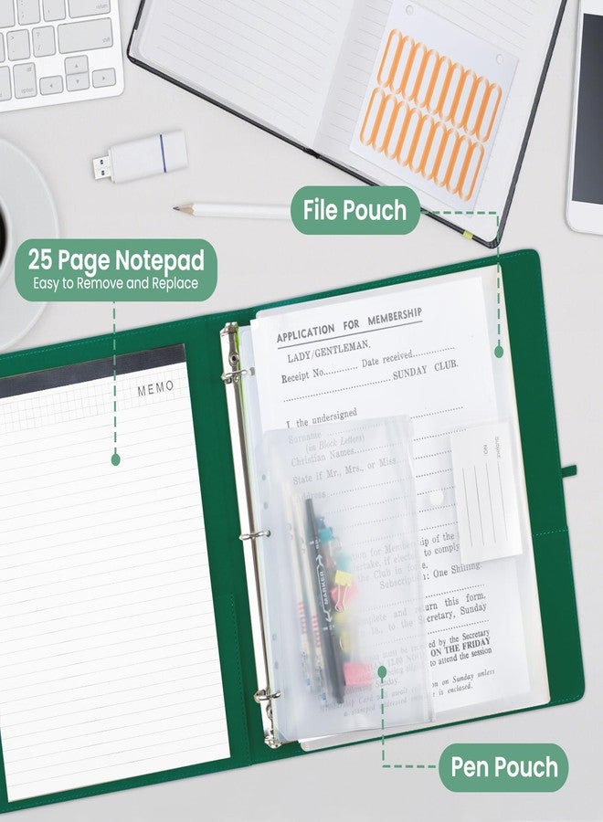 BVSSX 3 Ring Binder with Clipboard,1 Inch Binders with Notepad&5 Dividers with Pockets, Labels,PU Clipboards for School Office(Green,Letter Size) - Image 3