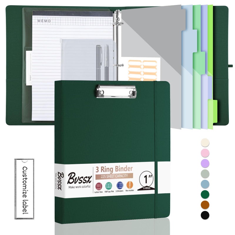 BVSSX 3 Ring Binder with Clipboard,1 Inch Binders with Notepad&5 Dividers with Pockets, Labels,PU Clipboards for School Office(Green,Letter Size) - Image 1
