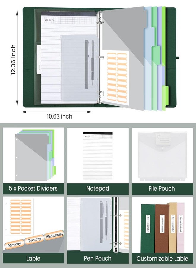 BVSSX 3 Ring Binder with Clipboard,1 Inch Binders with Notepad&5 Dividers with Pockets, Labels,PU Clipboards for School Office(Green,Letter Size) - Image 4