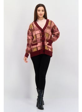 Black Tape Women V Neck Long Sleeve All Over Printed Cardigan, Burgundy  - Image 4