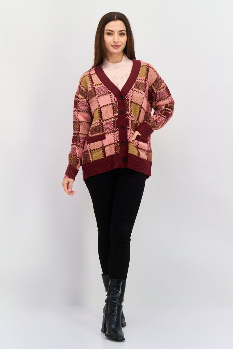 Black Tape Women V Neck Long Sleeve All Over Printed Cardigan, Burgundy  - Image 4