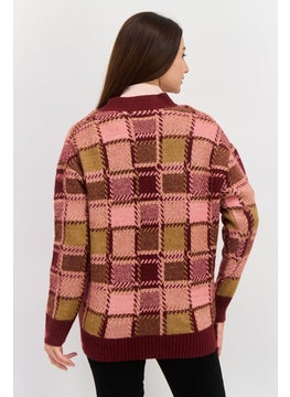 Black Tape Women V Neck Long Sleeve All Over Printed Cardigan, Burgundy  - Image 3