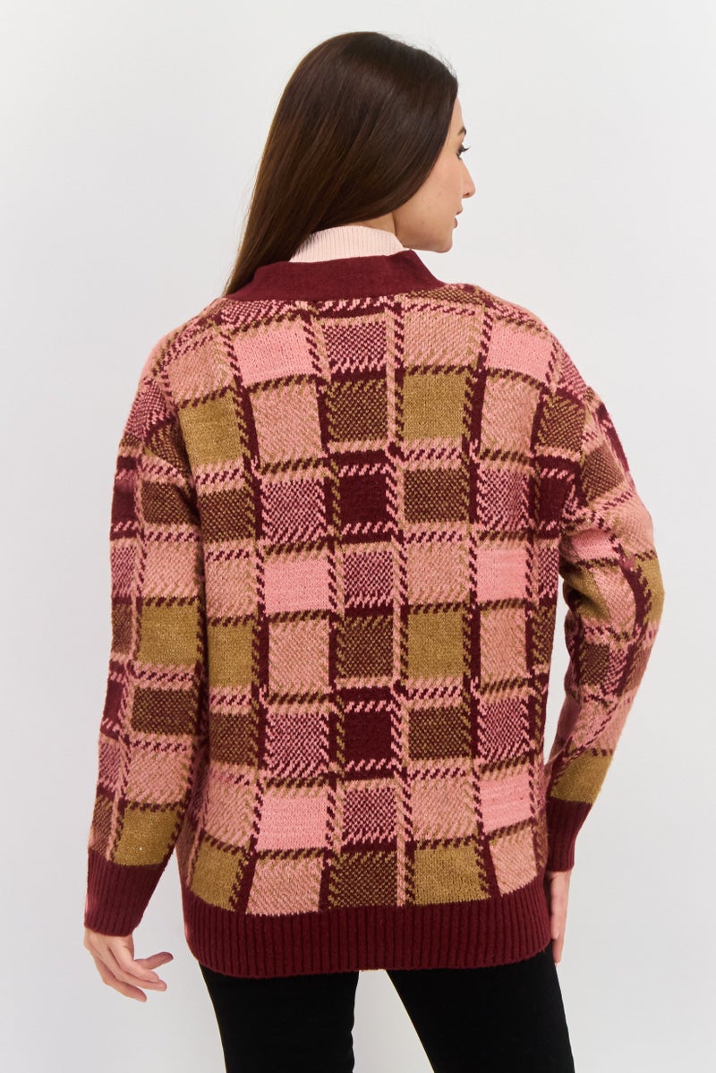 Black Tape Women V Neck Long Sleeve All Over Printed Cardigan, Burgundy  - Image 3