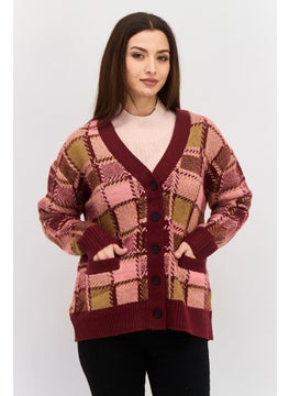 Black Tape Women V Neck Long Sleeve All Over Printed Cardigan, Burgundy  - Image 1