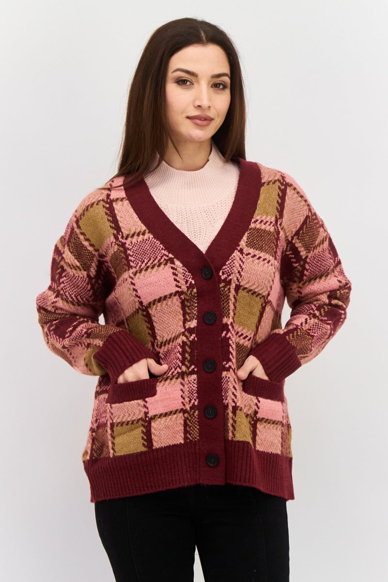 Black Tape Women V Neck Long Sleeve All Over Printed Cardigan, Burgundy  - Image 1