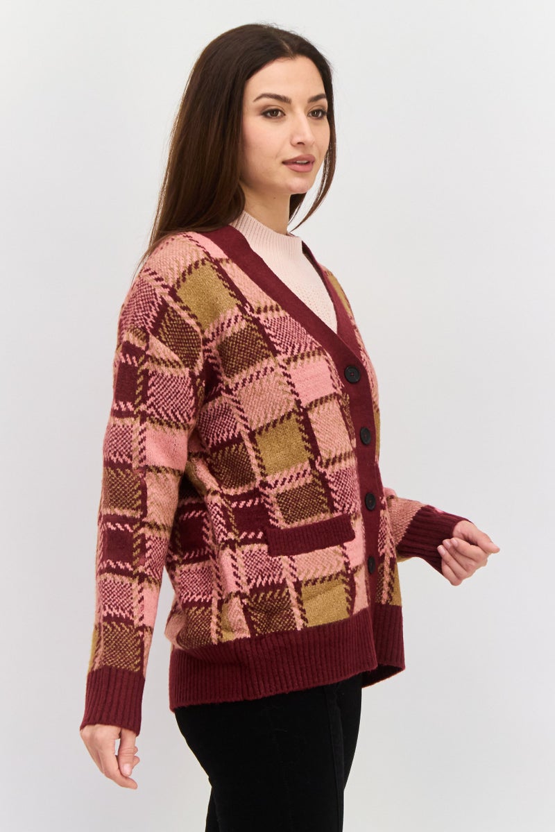 Black Tape Women V Neck Long Sleeve All Over Printed Cardigan, Burgundy  - Image 2
