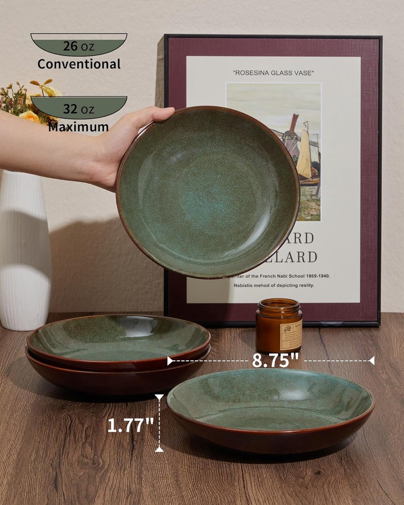 Pokini 875 Inch Large Ceramic Pasta Bowls 32 Oz Reactive Glaze Stoneware Pasta Serving Bowls Set of 4 for Kitchen Wide Bowls for FruitPastaSaladSoup Scratch ResistantBrown and Green - Image 2