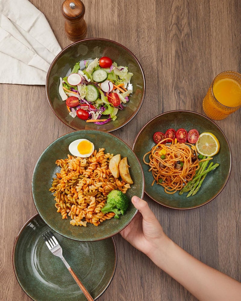 Pokini 875 Inch Large Ceramic Pasta Bowls 32 Oz Reactive Glaze Stoneware Pasta Serving Bowls Set of 4 for Kitchen Wide Bowls for FruitPastaSaladSoup Scratch ResistantBrown and Green - Image 3