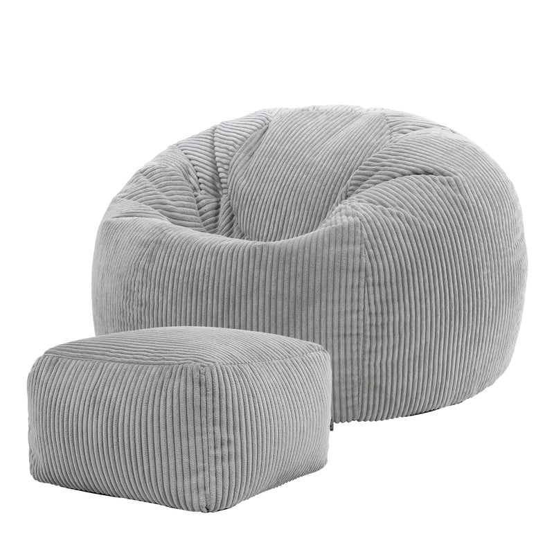 icon Kingston Cord Bean Bag with Footstool Grey Large Adult Bean Bag Chair with Filling Included Comfy Chair Pouffe Footstool Living Room Furniture Bedroom Furniture
