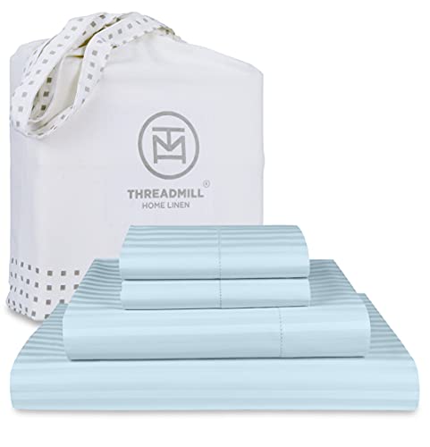 Threadmill 100 Cotton Sheets for Full Size Bed  600 Thread Count Full Bed Sheets Set with 16 Deep Pocket  Damask Stripe Sateen Weave 4Piece Bedding Set with Cooling Effect Blue