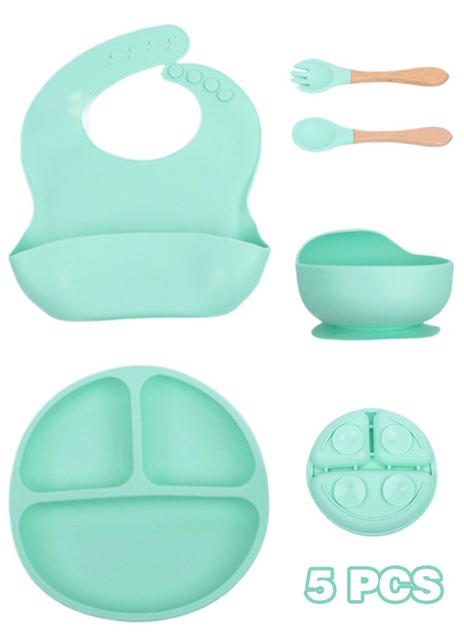 Super ZYouth 5-Pieces Silicone Baby Feeding Set, Baby Led Weaning Supplies with Suction Bowl and Divided Plate, Wooden Spoon and Fork, Toddler Tableware Set with Adjustable Soft Silicone Bib  - Image 1