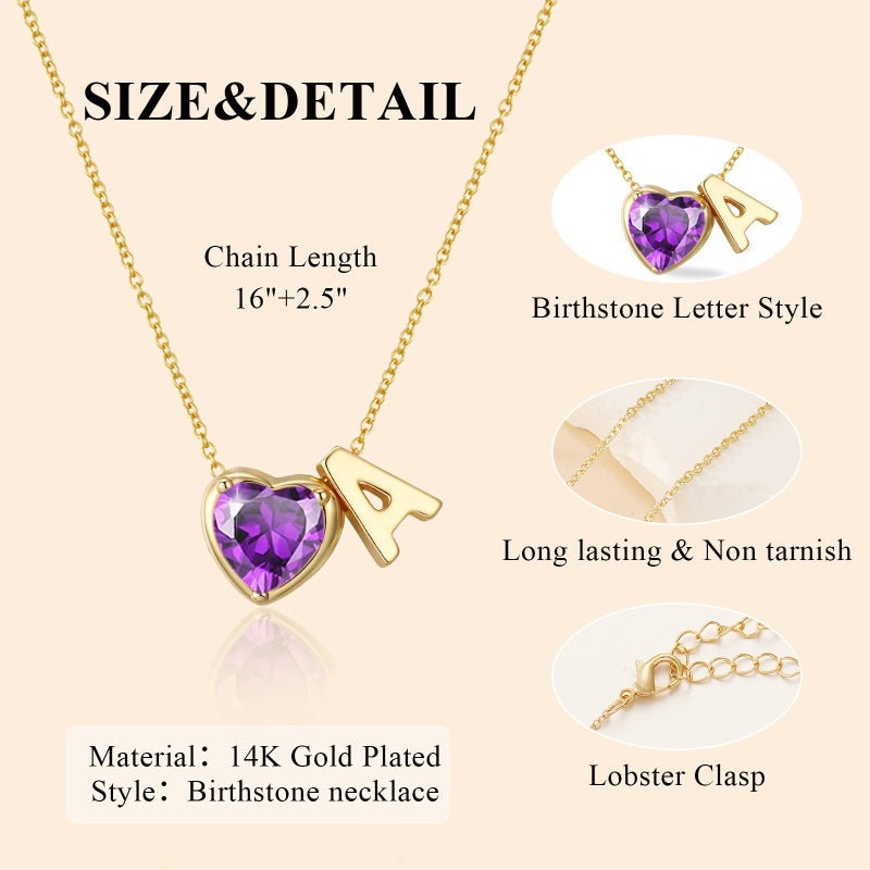 Esrial Heart Birthstone Initial Necklace for Women Girls,14K Gold Plated Heart Letter A-Z Necklace Dainty Birthday Trendy Jewelry Gifts for Women Girls Daughter(February,Initial A) - Image 5
