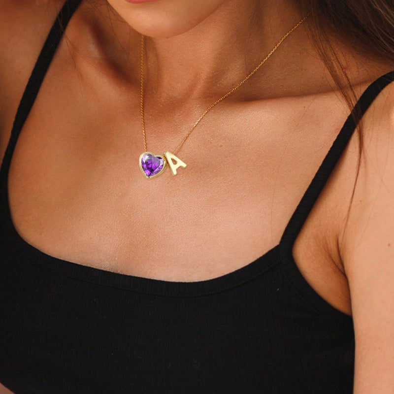 Esrial Heart Birthstone Initial Necklace for Women Girls,14K Gold Plated Heart Letter A-Z Necklace Dainty Birthday Trendy Jewelry Gifts for Women Girls Daughter(February,Initial A) - Image 2