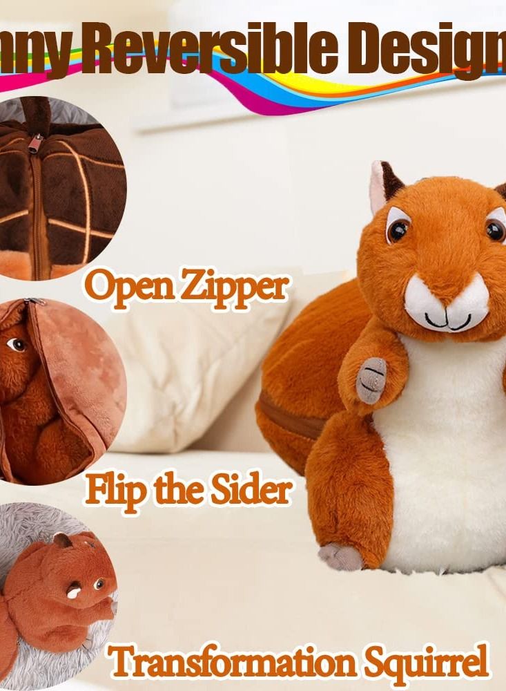 Excefore Squirrel Stuffed Animal, 10'' Plush Squirrel in Nut Bag with Zipper, Reversible Squirrel Plush Toy Pillows for Kids - Cute Room Decor and Gifts for Kids, Girls, Boys - Image 3
