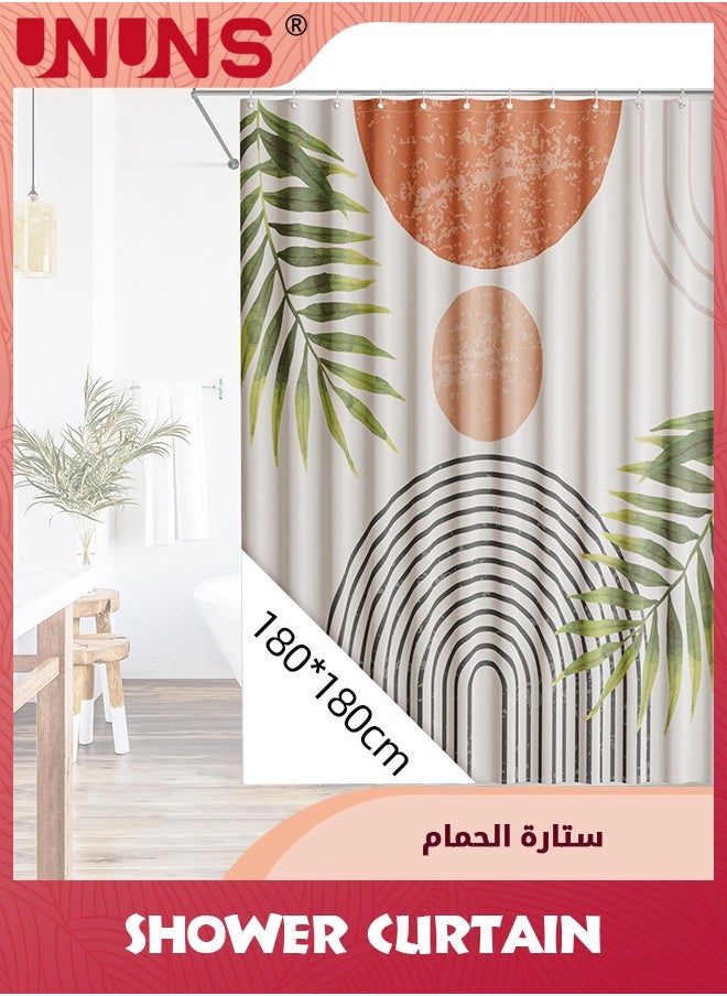 UNUNS - Boho Shower Curtain,Abstract Mid Century Colorful Modern Geometric Leaves Plant Shower Curtain,Waterproof Neutral Minimalist Chic Bathroom Curtain Decor With Hooks Fabric,180x180cm - Image 1