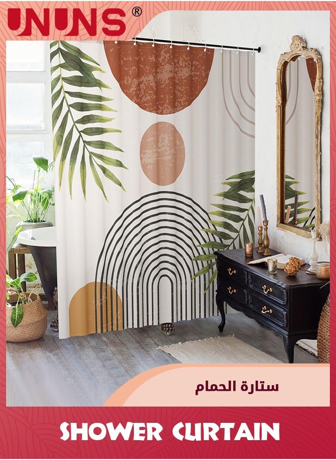 UNUNS - Boho Shower Curtain,Abstract Mid Century Colorful Modern Geometric Leaves Plant Shower Curtain,Waterproof Neutral Minimalist Chic Bathroom Curtain Decor With Hooks Fabric,180x180cm - Image 1